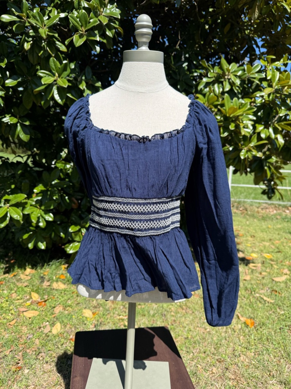 Francesca's Collections Navy Smocked-Waist Peasant Blouse